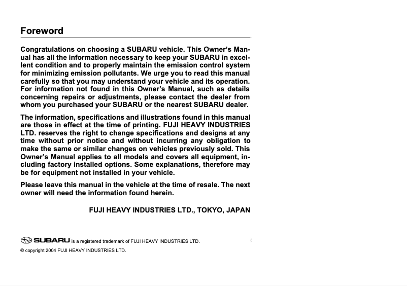 Page 1 of the manual User Manual Subaru Outback (2005)
