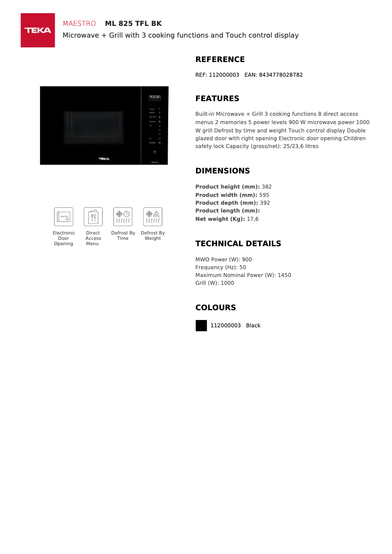 Page 1 of the manual Technical Sheet Teka ML 825 TFL BK