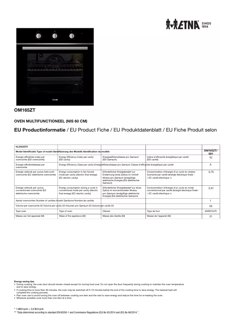 Page 1 of the manual Technical Sheet Etna OM165ZT