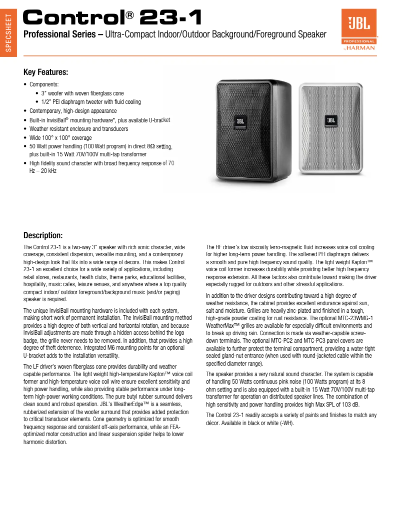 Page 1 of the manual Technical Sheet JBL Control 23-1