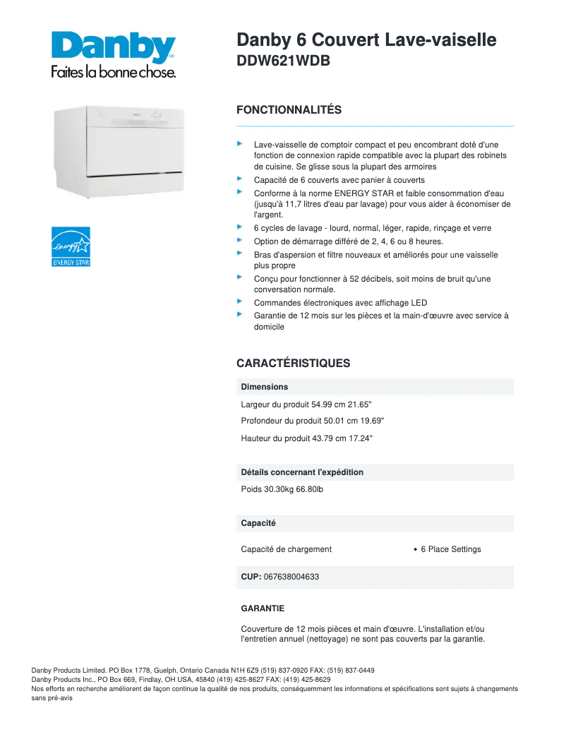 Page 1 of the manual Technical Sheet Danby DDW621WDB