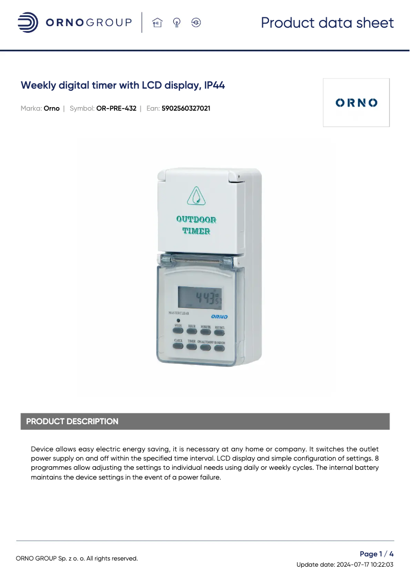 Page 1 de la notice Fiche technique ORNO OR-PRE-432