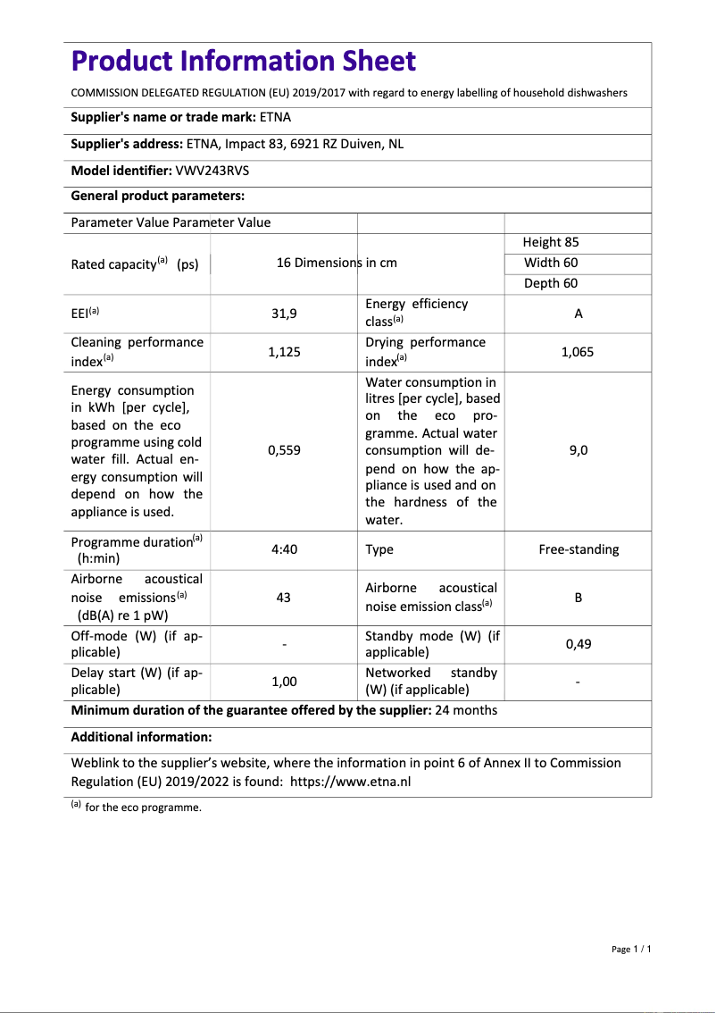 Page 1 of the manual Technical Sheet Etna VWV243RVS