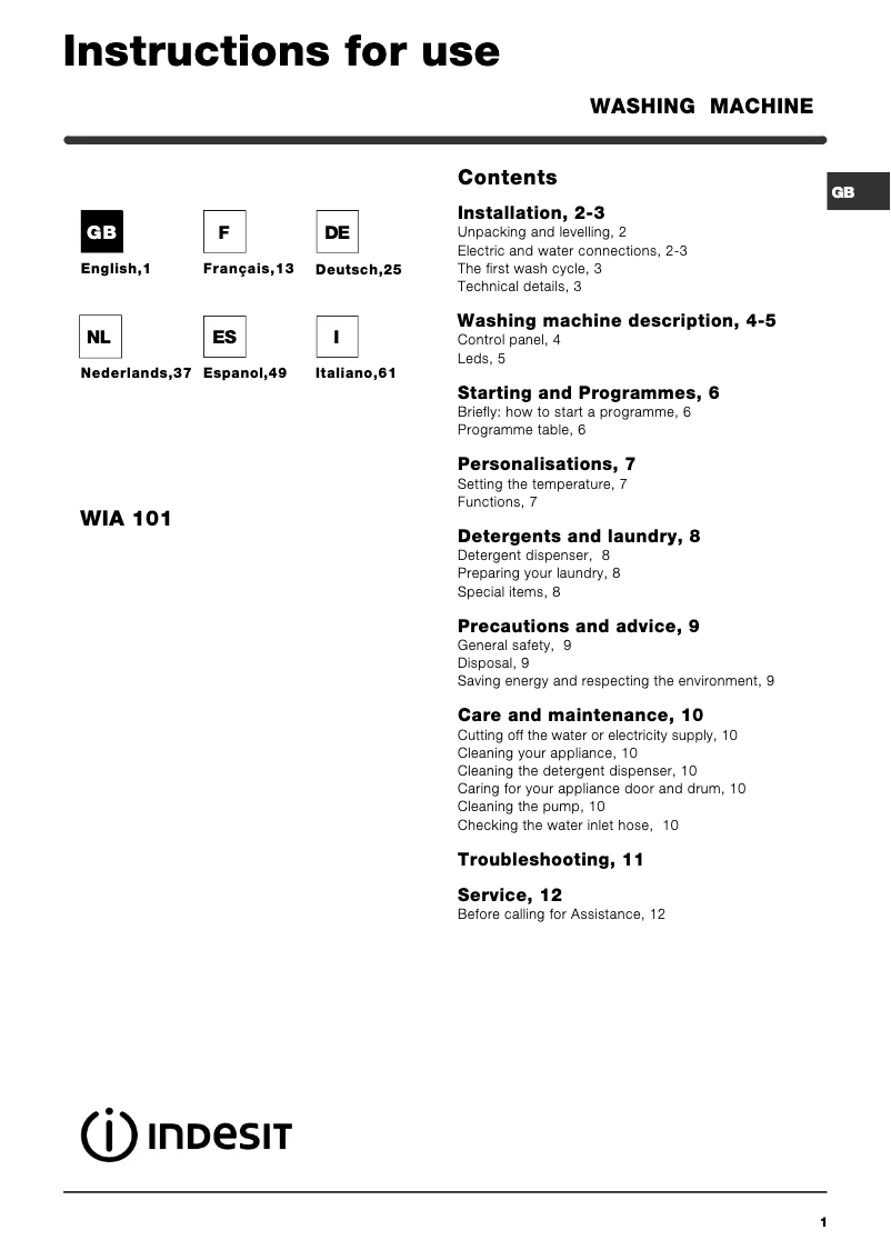 Page 1 of the manual User Manual Indesit WIA 101 (EU)