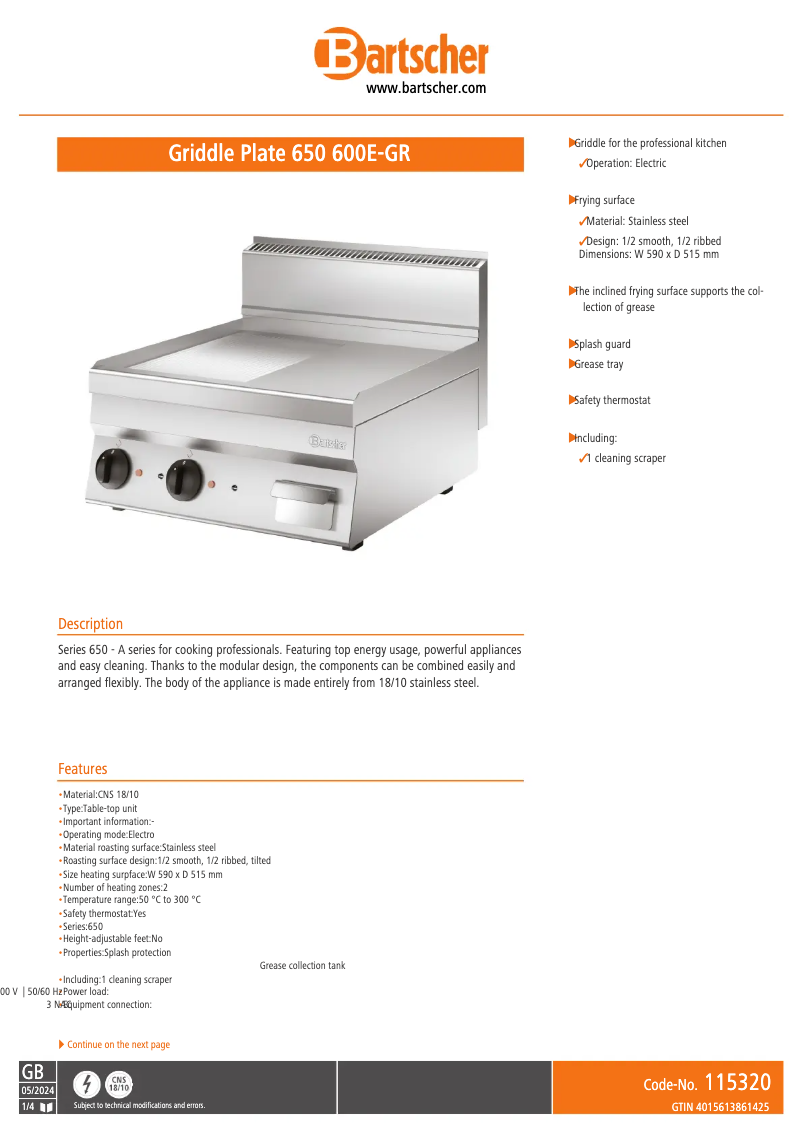 Page 1 of the manual Technical Sheet Bartscher 650 600E-GR