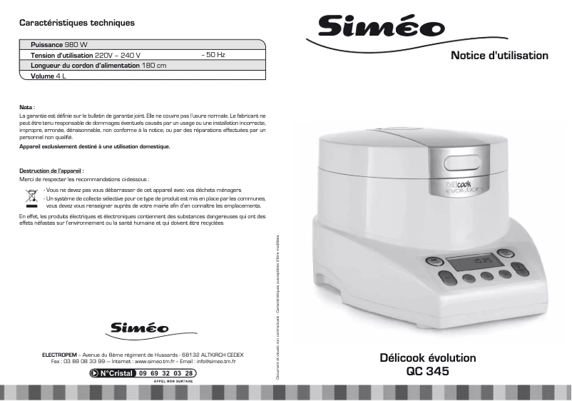 Page 1 de la notice Manuel utilisateur Siméo Délicook évolution QC 345