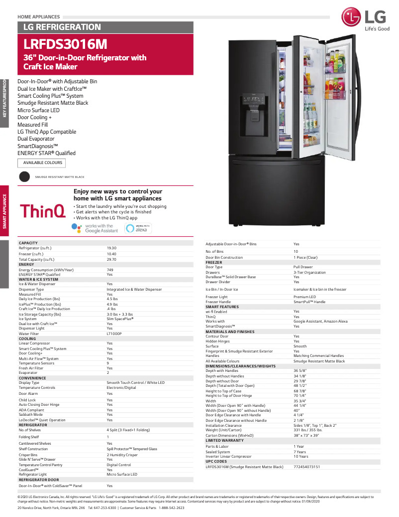 Page 1 of the manual Technical Sheet LG LRFDS3016M