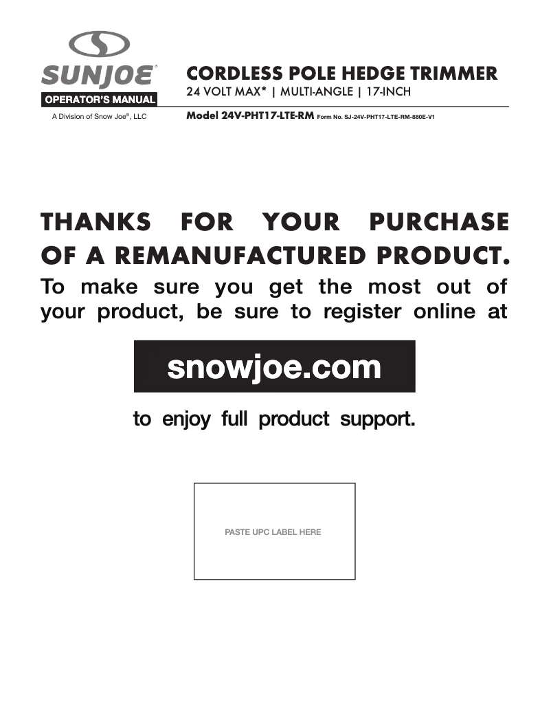 Page 1 of the manual User Manual Sun Joe 24V-PHT17-LTE-RM