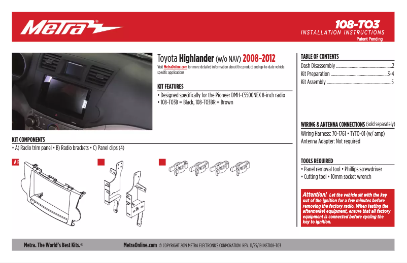 Page 1 de la notice Guide d'installation Metra 108-TO3B