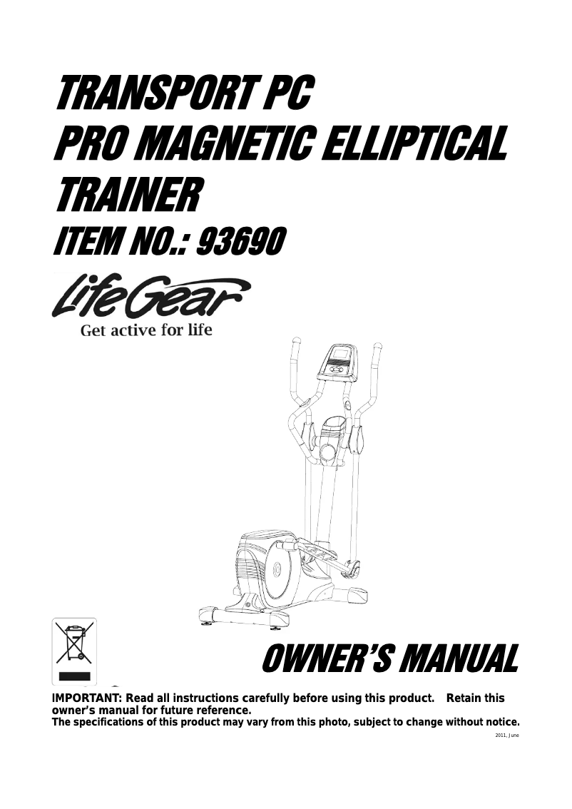First page image of the manual for Transport Pro Magnetic Elliptical Trainer 93690