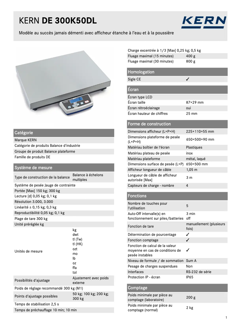 Page 1 of the manual Technical Sheet Kern DE 300K50DL