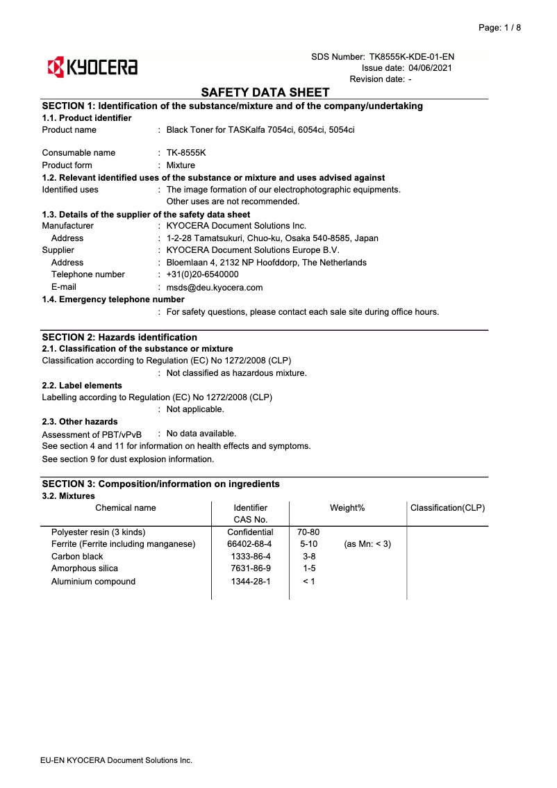 Page 1 of the manual Safety Instructions Kyocera TASKalfa 7054ci