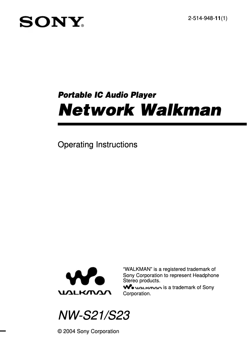 First page image of the manual for Walkman NW-S23