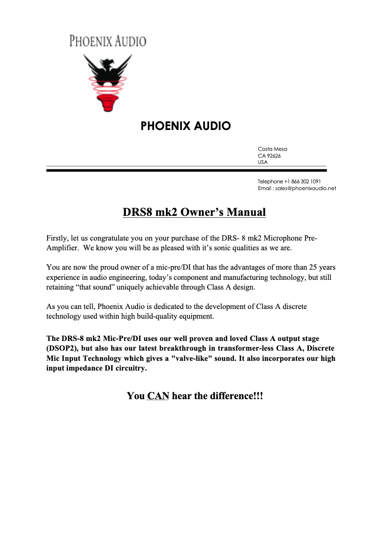 Page 1 of the manual User Manual Phoenix Audio DRS-8 Mk2
