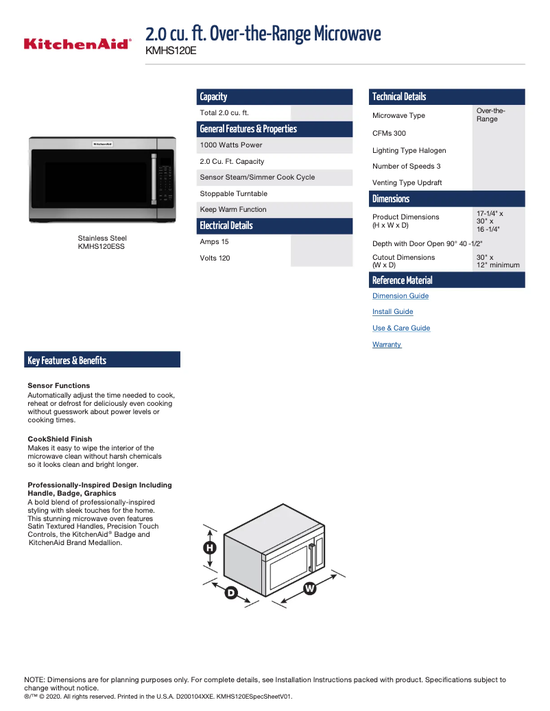 Page 1 of the manual Technical Sheet KitchenAid KMHS120ESS