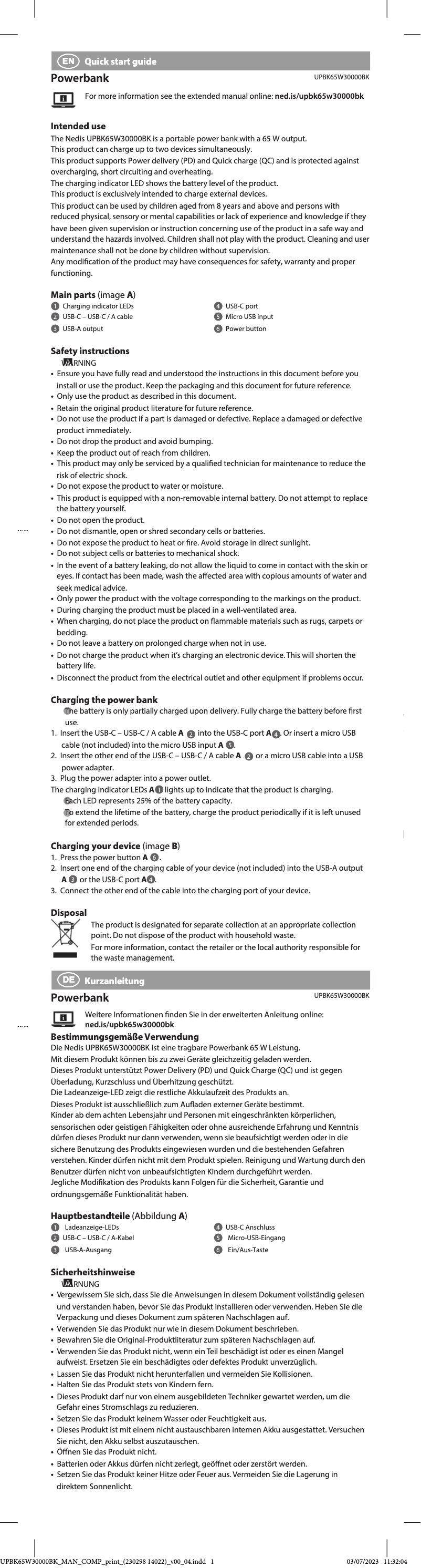 Page 1 of the manual User Manual Nedis UPBK65W30000BK