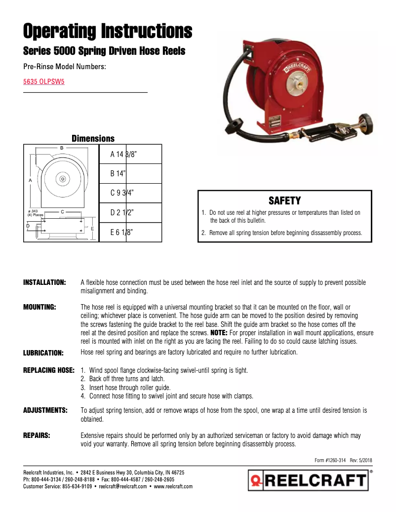 Page 1 of the manual User Manual Reelcraft 5635 OLPSW5