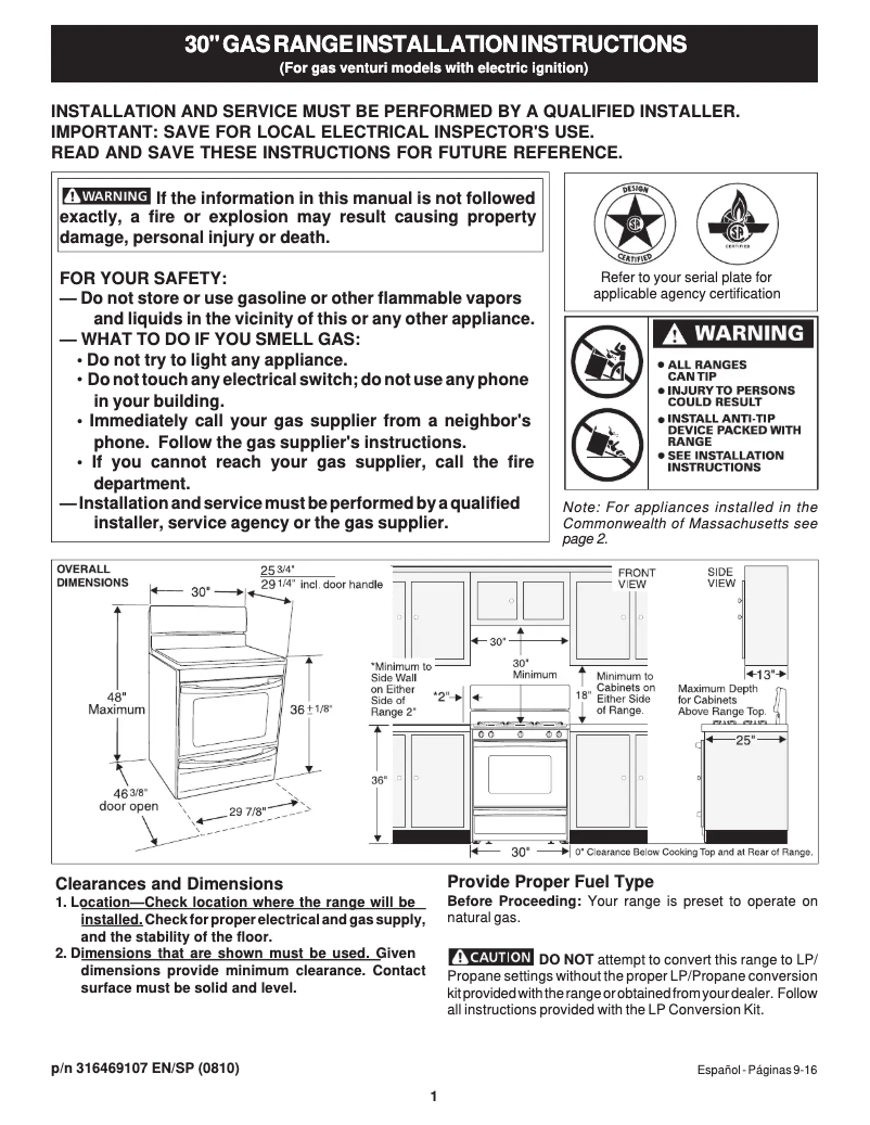 Page 1 of the manual Installation Guide Frigidaire FGF316DS
