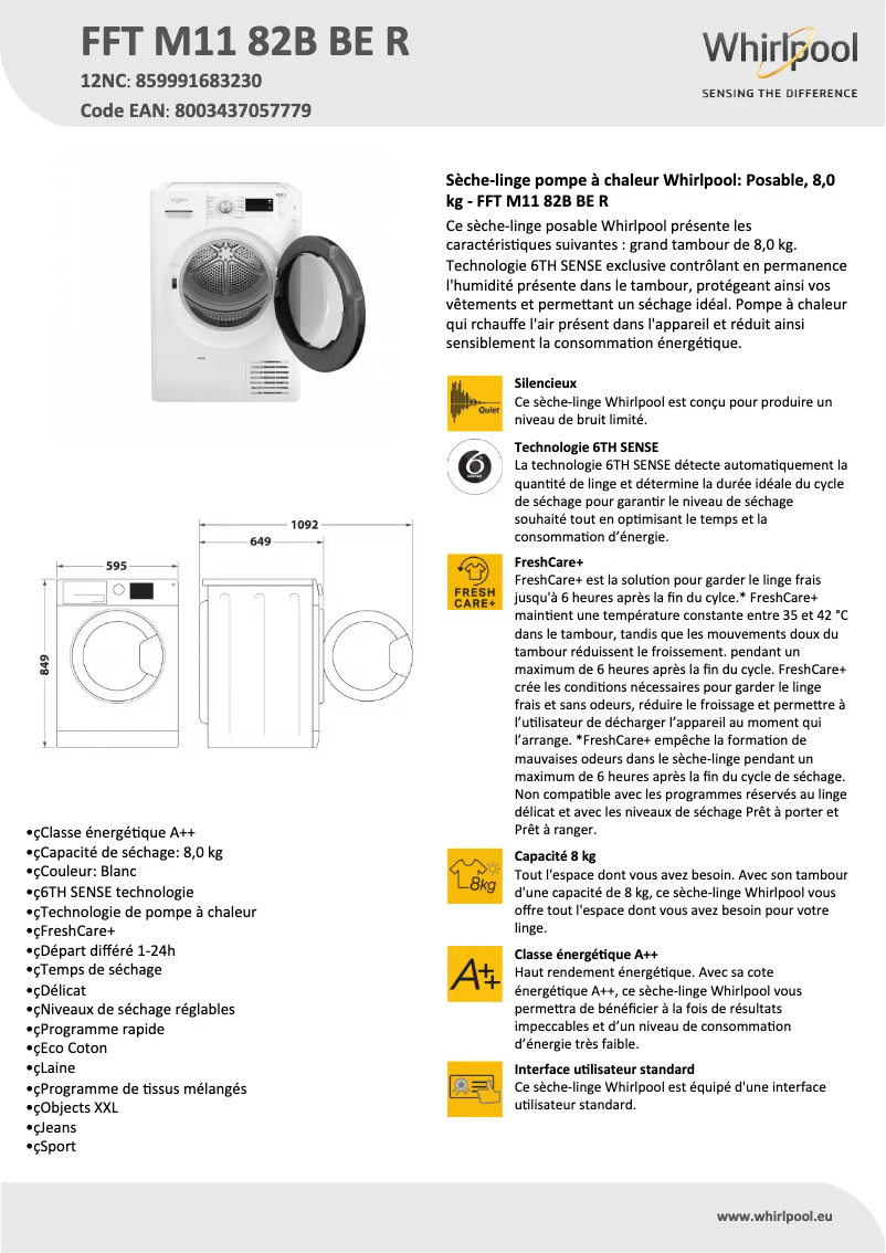 Page 1 of the manual Technical Sheet Whirlpool FFT M11 82B