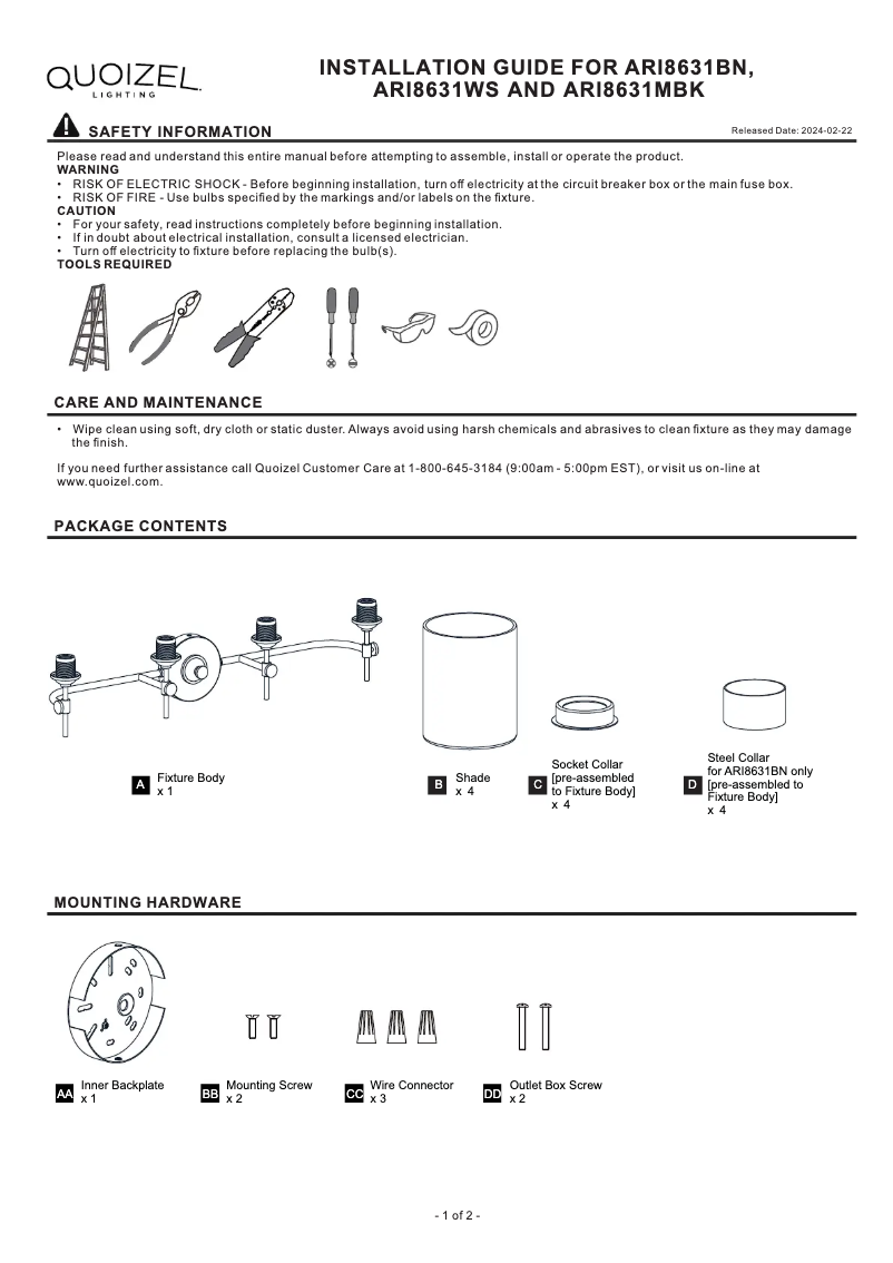 Page 1 of the manual User Manual Quoizel Aria ARI8631MBK