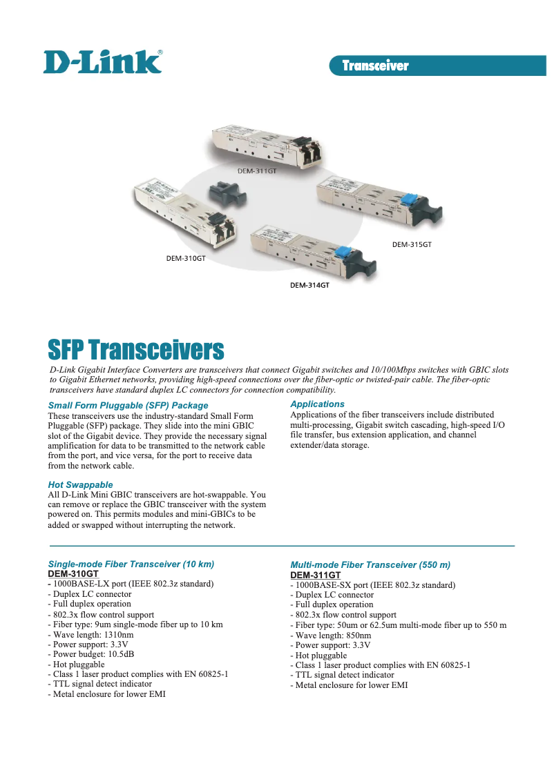 Page 1 of the manual Technical Sheet D-Link DEM-314GT