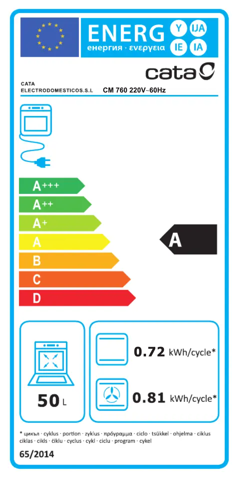 Page 1 of the manual Energy Label CATA CM 760 AS
