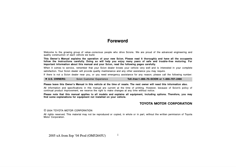 Page 1 of the manual User Manual Scion xA (2005)