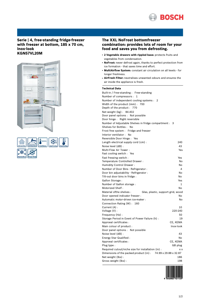 Page 1 of the manual Technical Sheet Bosch KGN57VL20M