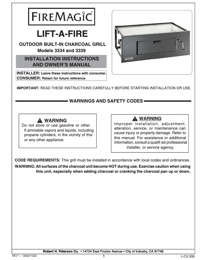 First page image of the manual for Lift-A-Fire 3339