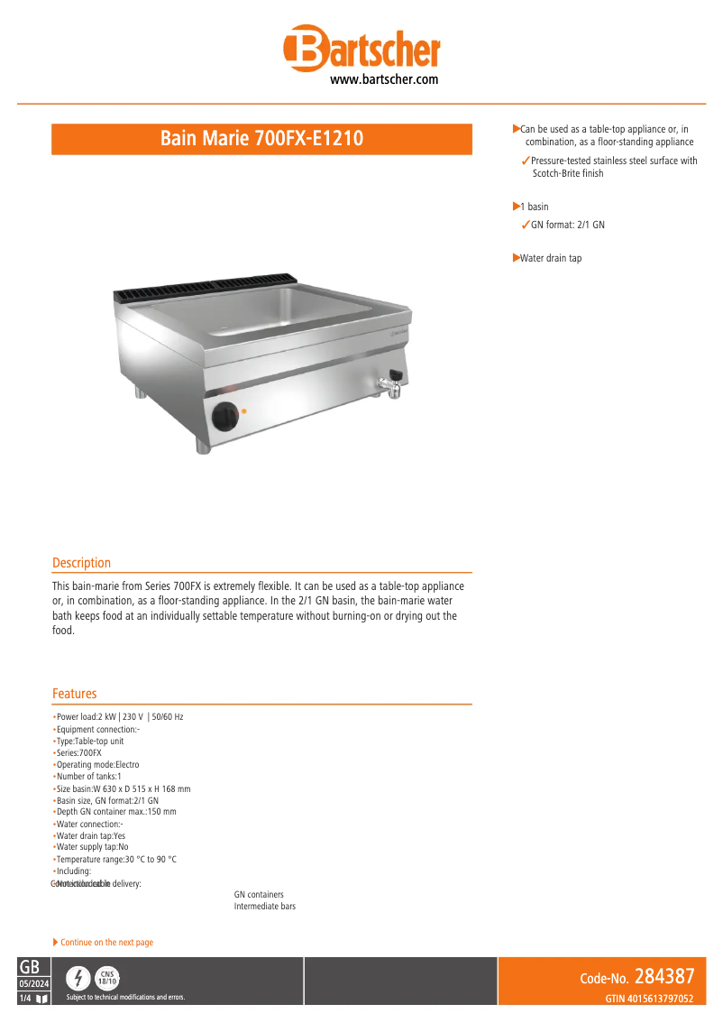 Page 1 of the manual Technical Sheet Bartscher 700FX-E1210