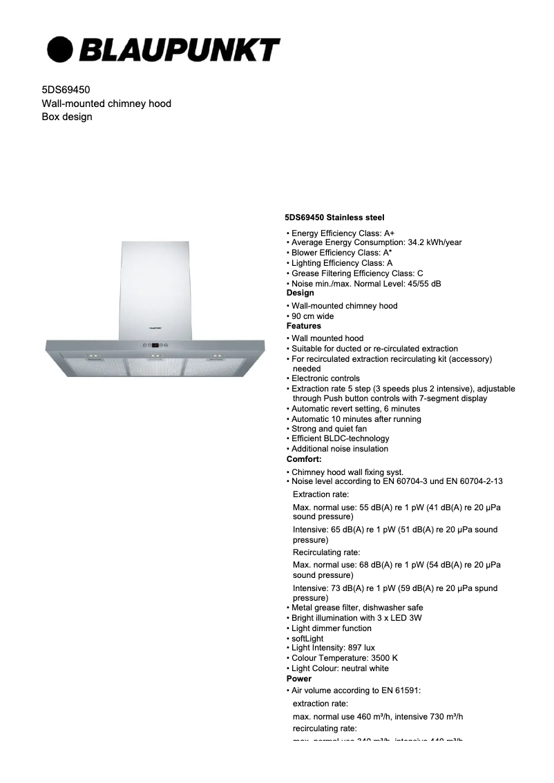 Page 1 de la notice Fiche technique Blaupunkt 5DS69450