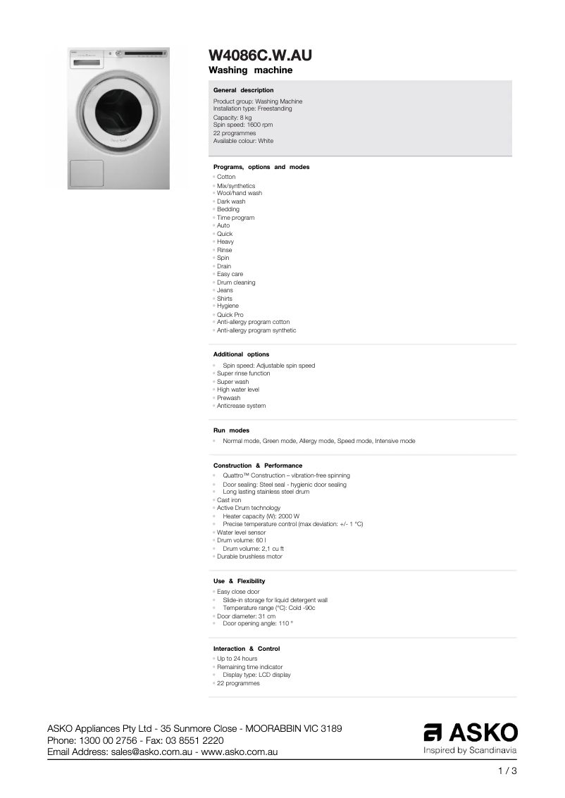 Page 1 of the manual Technical Sheet Asko W4086C.W.AU