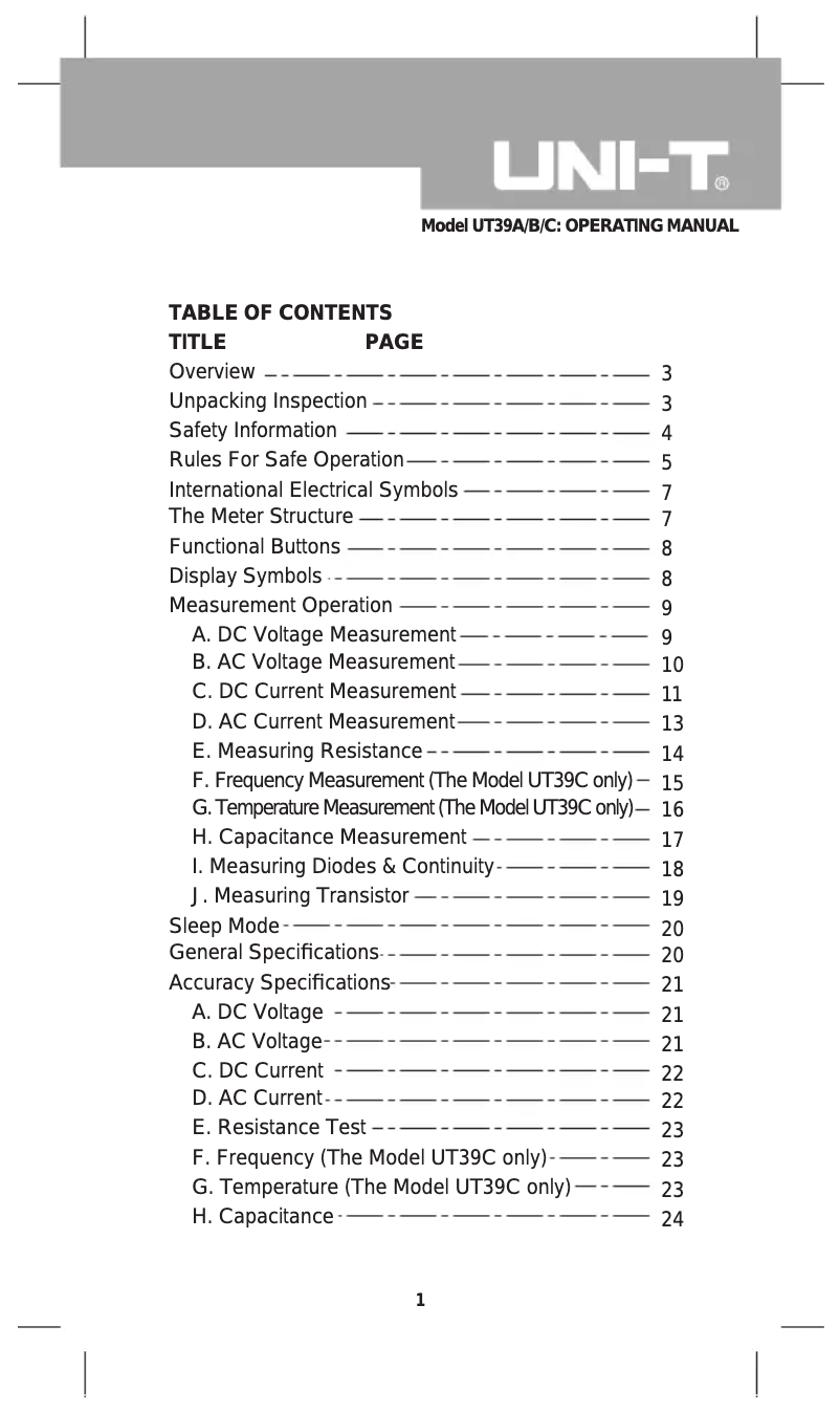 Page 1 of the manual User Manual Uni-T UT39A