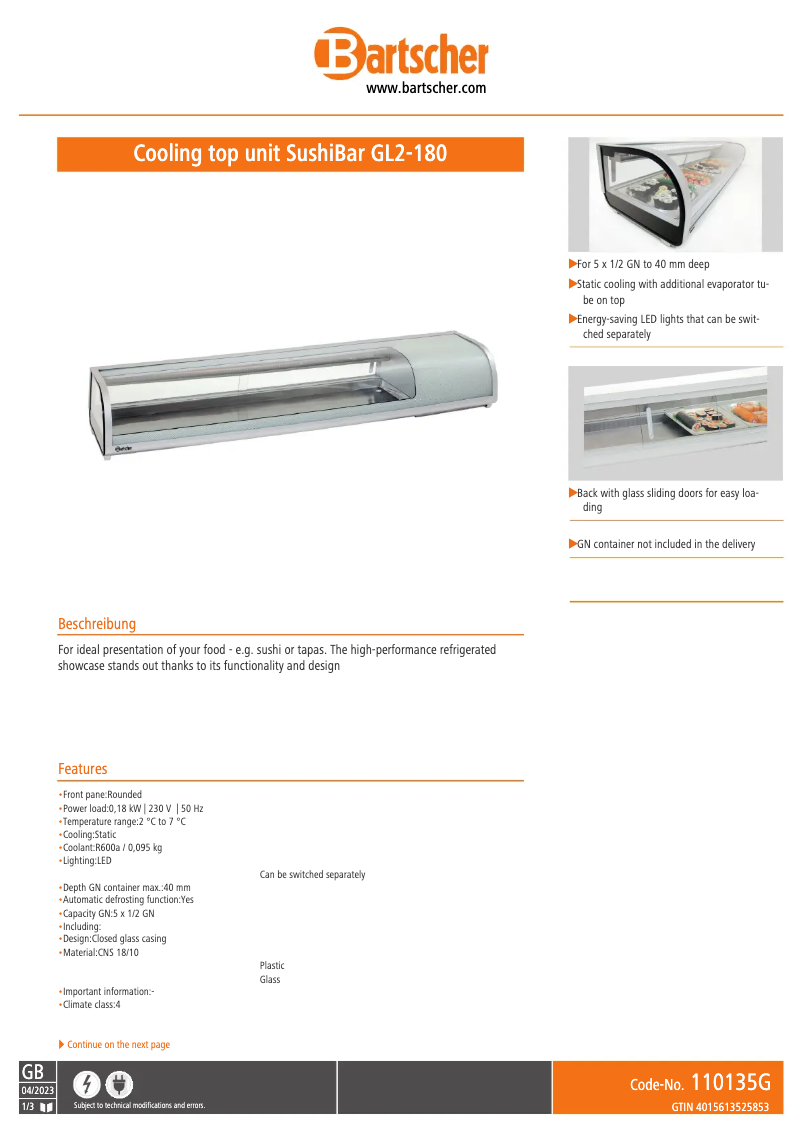 Page 1 of the manual Technical Sheet Bartscher GL2-180