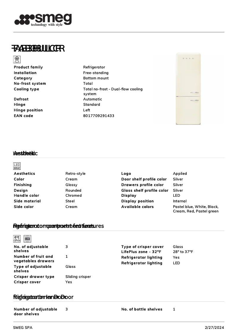 Page 1 of the manual Technical Sheet Smeg FAB38ULCR