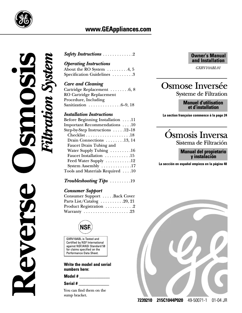 Page 1 of the manual Use and Maintenance Manual GE GXRV10ABL