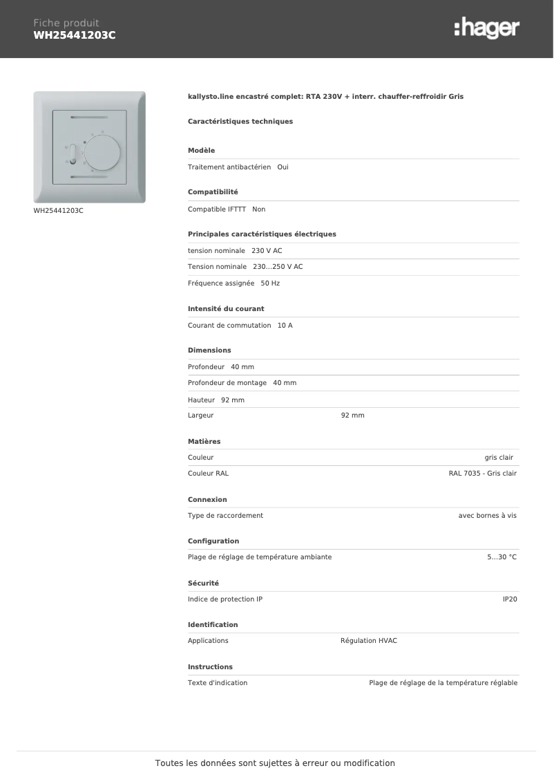 Page 1 of the manual Technical Sheet Hager WH25441203C
