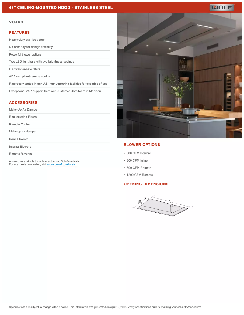 Page 1 of the manual Technical Sheet Wolf VC48S