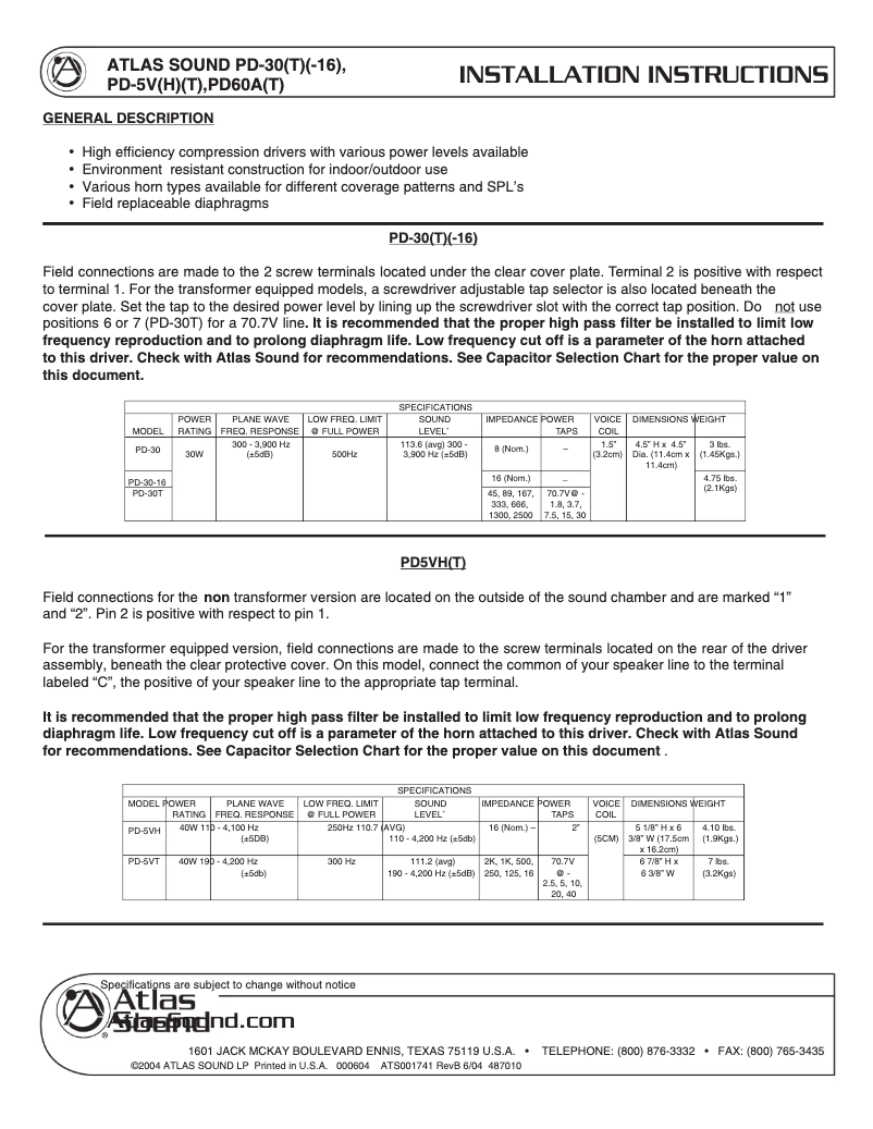 Page 1 of the manual Installation Guide Atlas Sound PD-30T