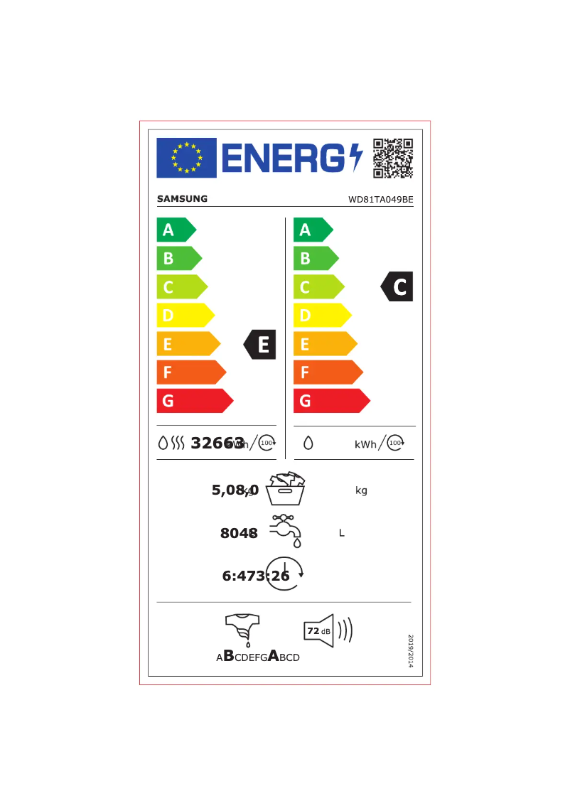 Page 1 of the manual Energy Label Samsung WD81TA049BE