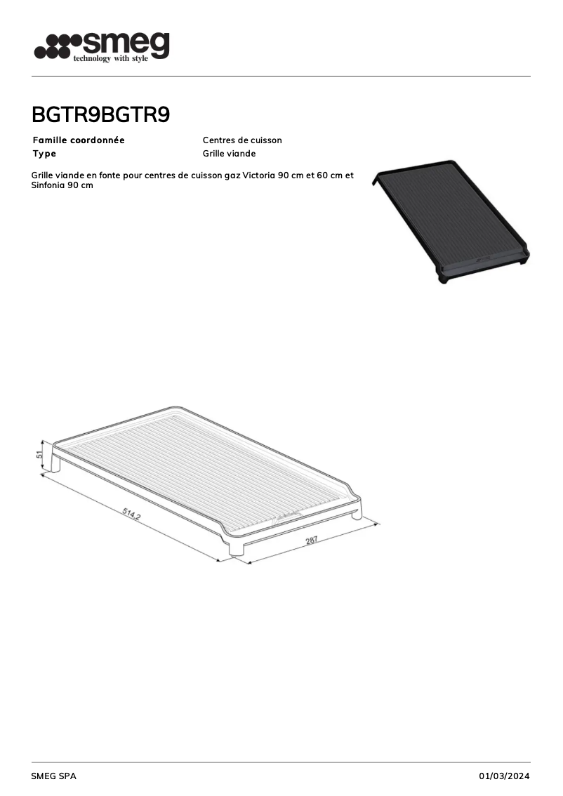 Page 1 of the manual Technical Sheet Smeg BGTR9