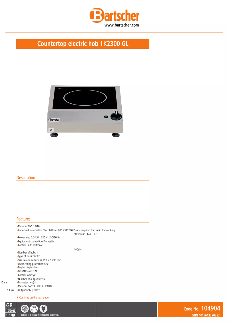 First page image of the manual for 1K2300 GL