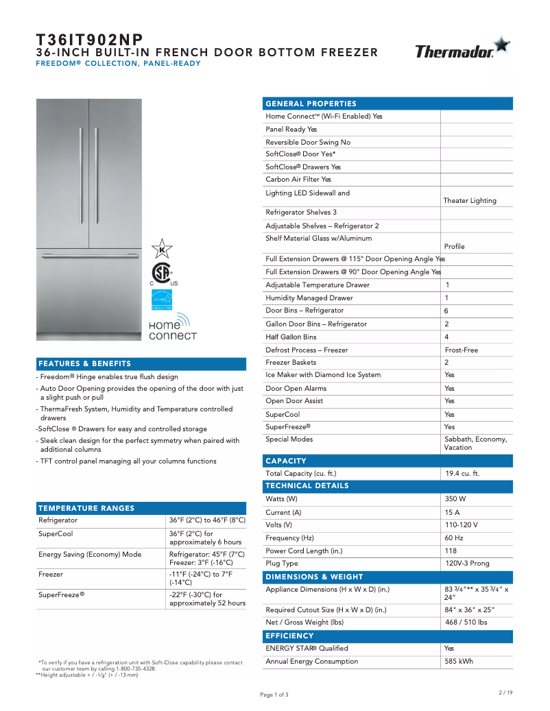 Page 1 of the manual Technical Sheet Thermador T36IT902NP
