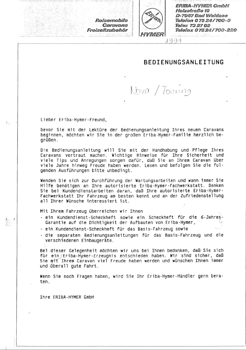 First page image of the manual for Touring (1991)