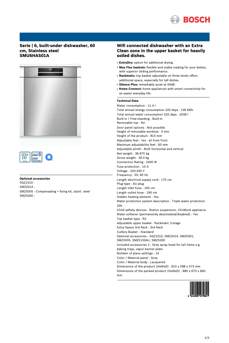 Page 1 of the manual Technical Sheet Bosch SMU6HAS01A