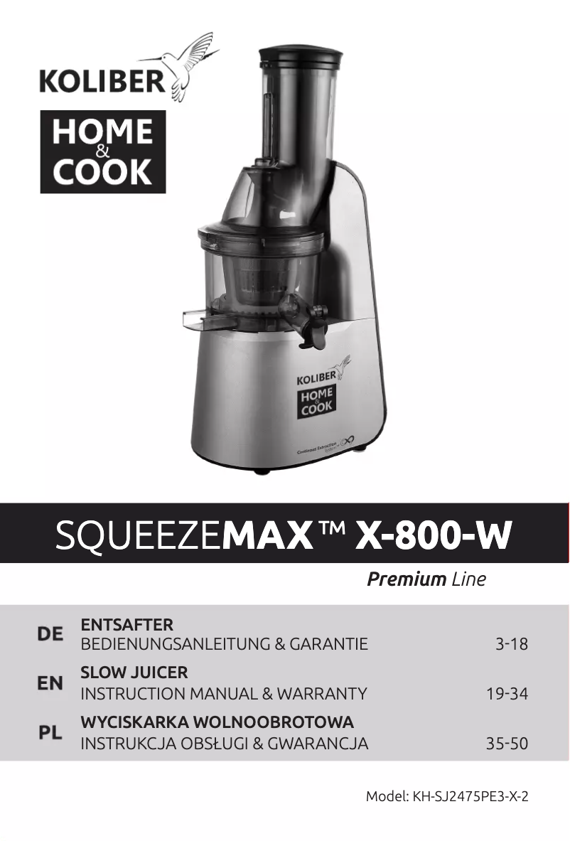 First page image of the manual for SQUEEZEMAX X-800-W