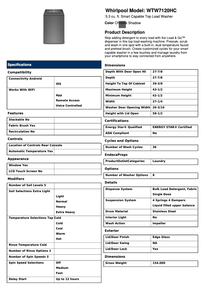 Page 1 of the manual Technical Sheet Whirlpool WTW8120HC