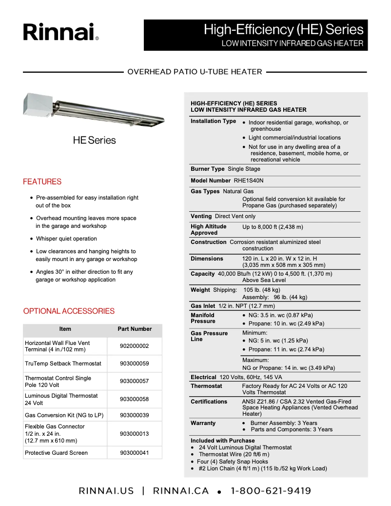Page 1 of the manual Technical Sheet Rinnai RHE1S40N
