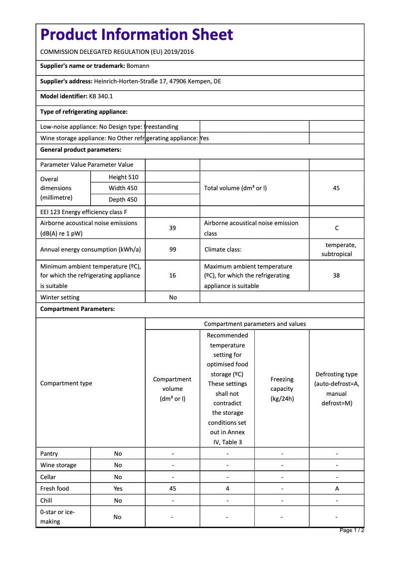 Page 1 of the manual Technical Sheet Bomann KB 340.1