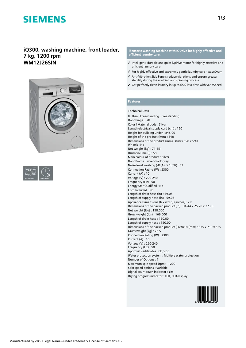 First page image of the manual for WM12J26SIN